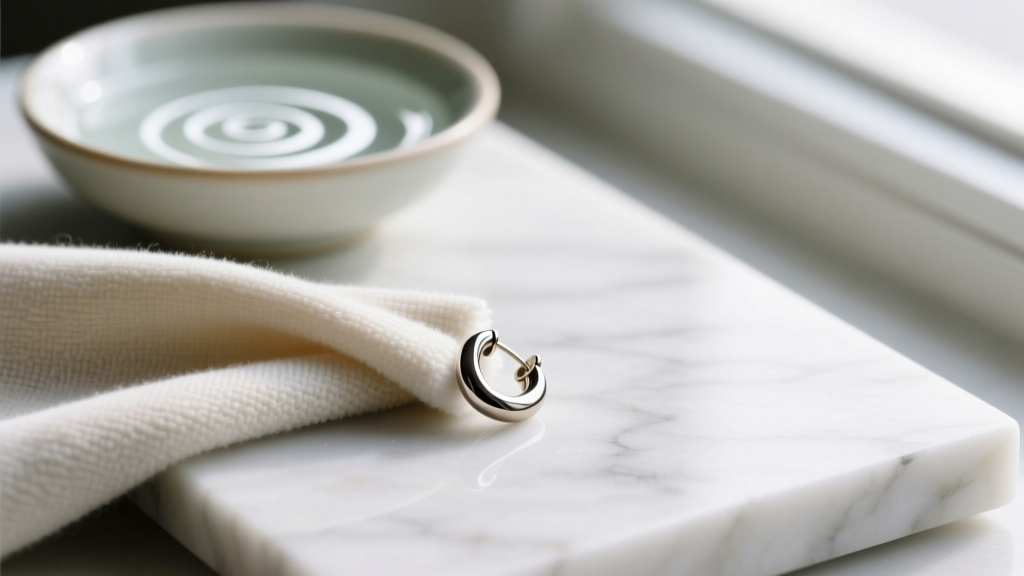 Soft microfiber cloth wiping a 20-gauge titanium earring post, next to a small bowl of mild sudsy water blurred in the background.