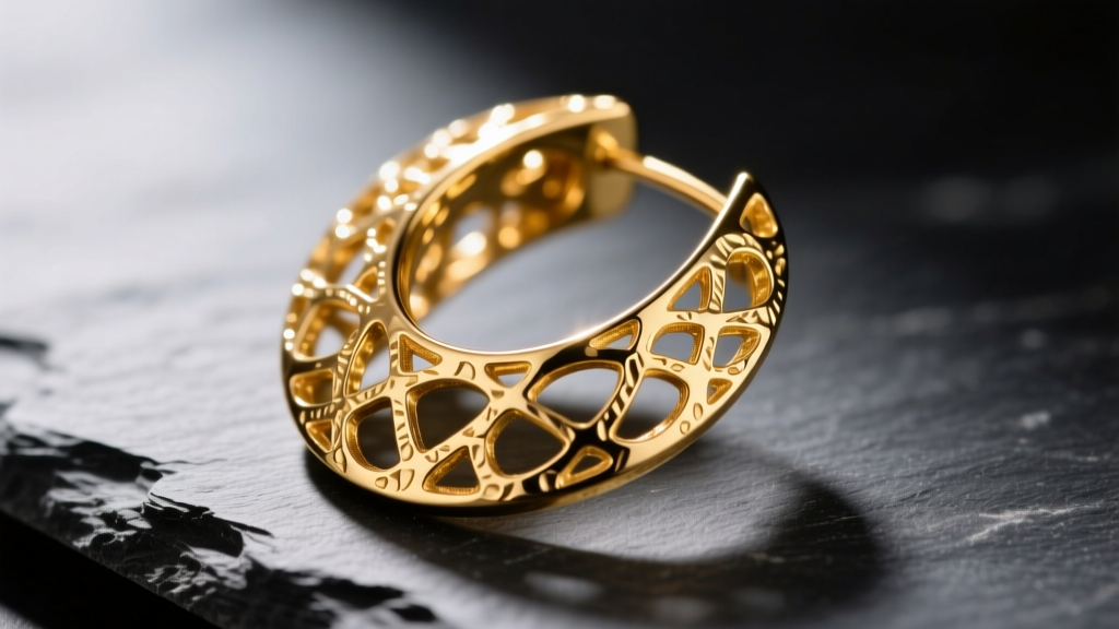 Macro shot of a large 14k gold textured statement earring on dark slate, emphasizing intricate metalwork and warm alloy color.