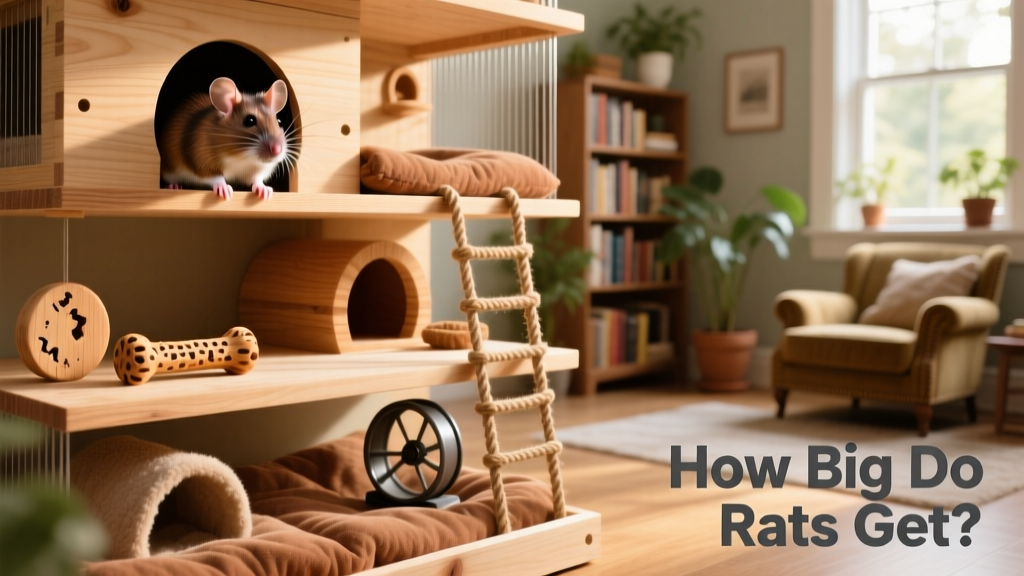 Well-appointed rat habitat featuring multiple levels, wooden chew toys, bedding, and enrichment items