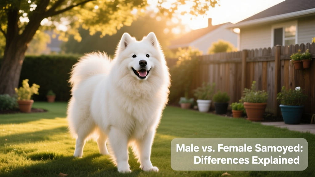 A happy male Samoyed sitting confidently in a sunlit backyard, showing his broad chest and expressive eyes