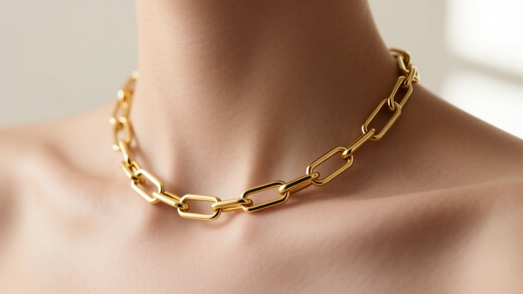 Close-up of an 18-gauge 14k yellow gold paper clip chain on a collarbone, soft natural light, elegant minimalist style