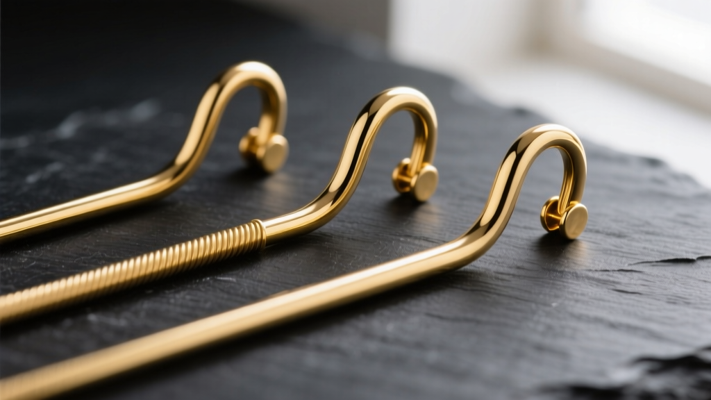 Close-up of three gold ear crawler wires in 14k, 18k, and 22k, showing varying thicknesses and bends against slate background.