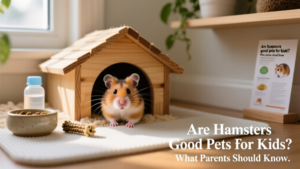 A curious Syrian hamster peeking out of a cozy wooden hideout in a clean, well-equipped habitat