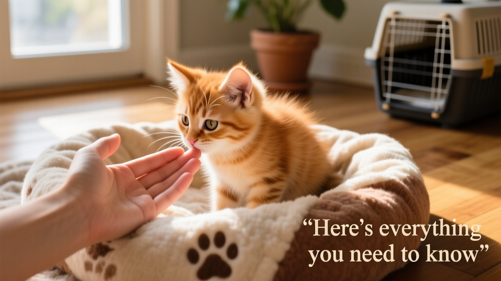 Kitten cautiously sniffing a person's hand held low and still near a cozy blanket nest