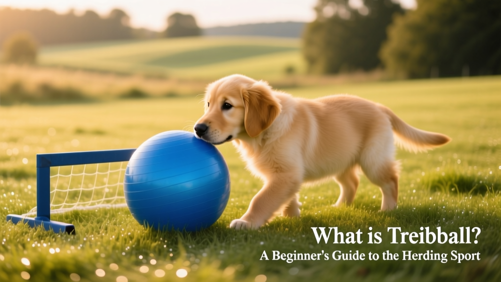 A dog gently nudging a large blue exercise ball with its nose toward a low rectangular goal on a grassy field