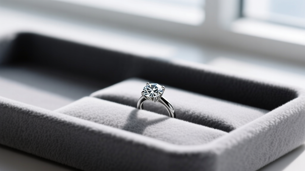 Close up of a grey microfiber tray slot showing lint-free texture and a diamond ring resting inside the soft fabric lining.