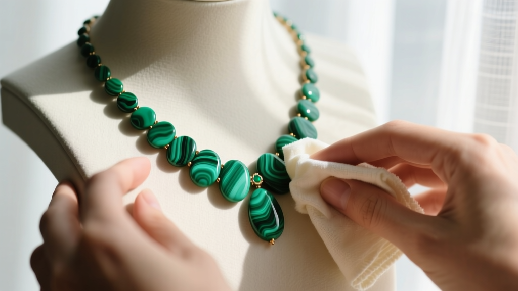 Hands wiping a green malachite VCA Alhambra necklace with a dry microfiber cloth, avoiding harsh chemicals, in soft morning light