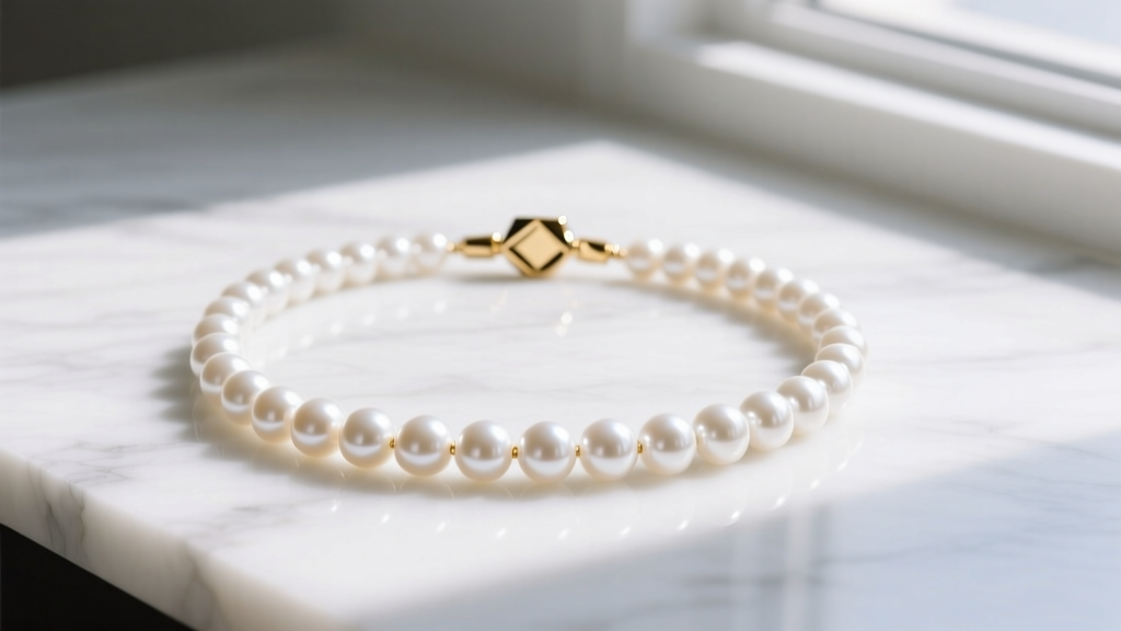 Flat lay of a Quince pearl necklace on white marble, showcasing round white freshwater pearls and a polished 14k gold clasp.
