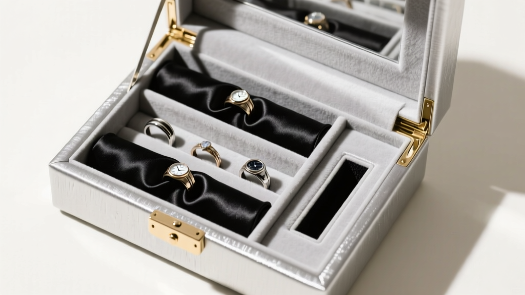 Overhead view of an open piano jewelry box displaying Pacific Silvercloth lining, specialized ring rolls, and hidden watch slots.