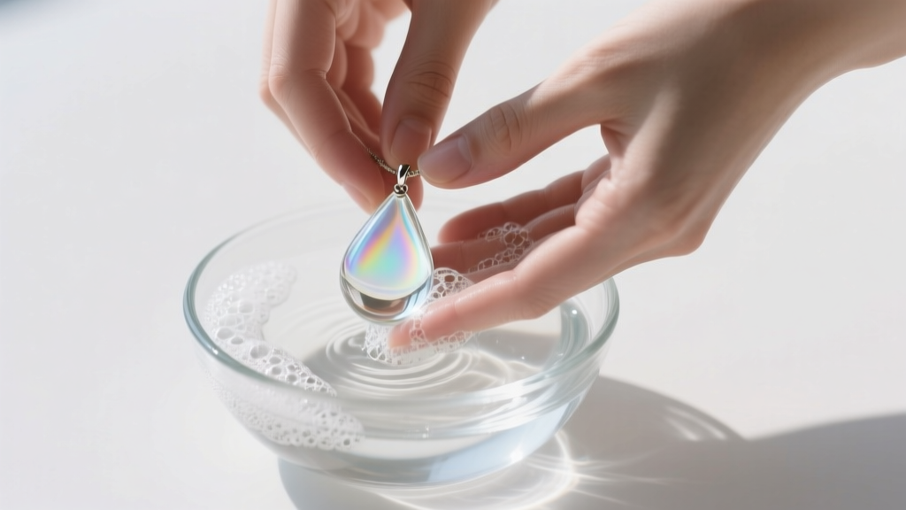 Hands gently washing a clear borosilicate glass teardrop pendant in a small glass bowl of distilled water and mild soap suds