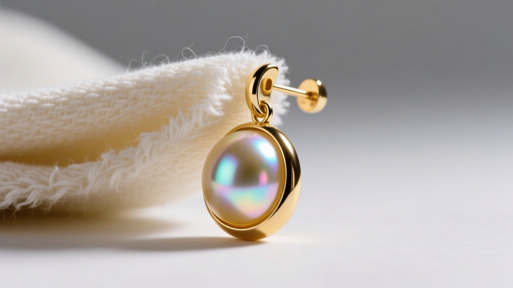 Microfiber cloth wiping a gold-plated glass pearl drop earring, avoiding the silicone back, shown in sharp macro photography.