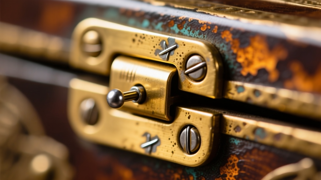 Macro shot of a vintage prayer box hinge mechanism, showing the tiny soldered steel pin and slight patina on the gold plate edge.
