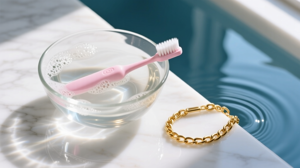 Overhead shot of a glass bowl with soapy water, a soft baby toothbrush, and a delicate 18k gold figaro chain ready for cleaning.