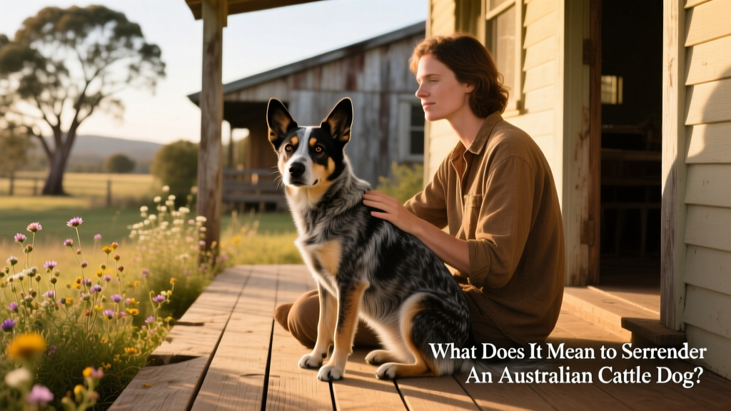 Australian Cattle Dog sitting calmly beside a person, illustrating trust and connection