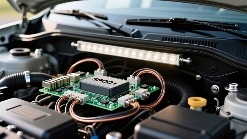 Close up of sPOD+ SE solid state power distribution board wired to auxiliary LED light bar relays under truck hood