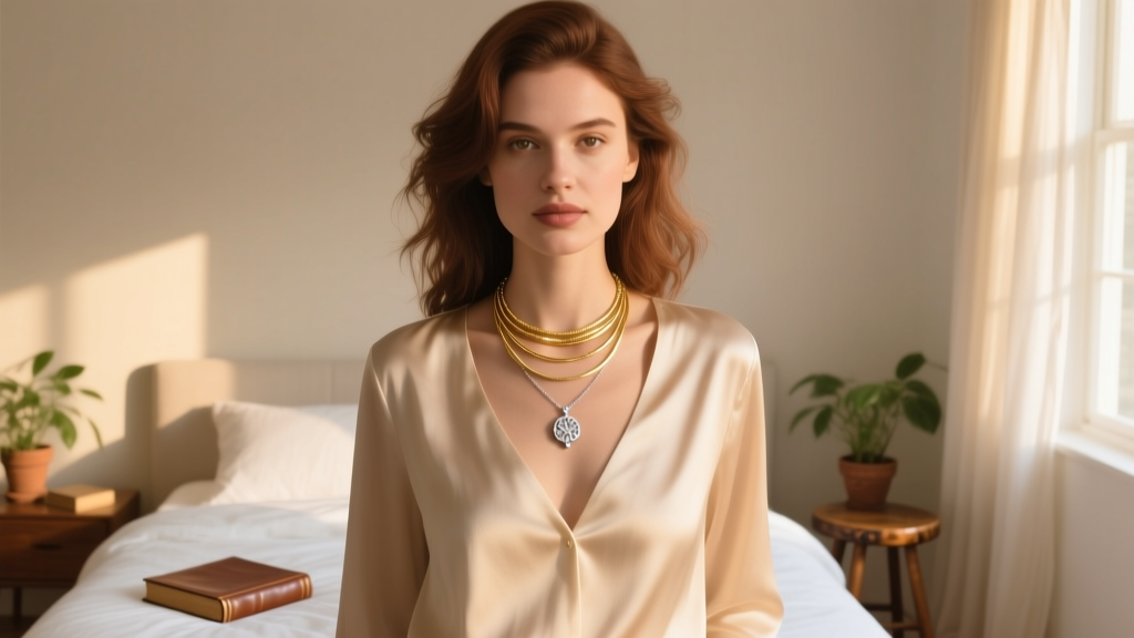 Woman wearing a layered gold vermeil silver necklace with a small pendant, illuminated by soft natural window light in a bedroom.