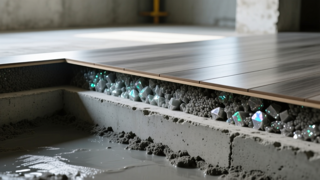 Cross-section of a basement floor showing a waterproof concrete slab with crystalline admixtures topped by rigid core luxury vinyl plank