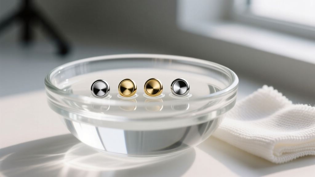 Macro photography of 4mm mens stud earrings soaking in a glass bowl of sterile saline, with a microfiber cloth resting nearby.