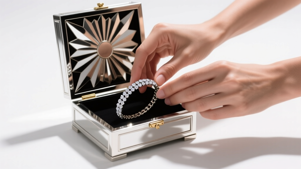 Hands placing a diamond bracelet into a mirrored glass and chrome art deco box featuring a geometric sunburst motif on the lid.