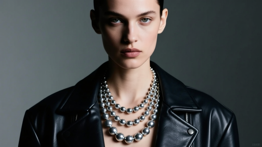 Alternative model wearing a graduated platinum silicone bead necklace over a dark leather jacket in moody studio lighting