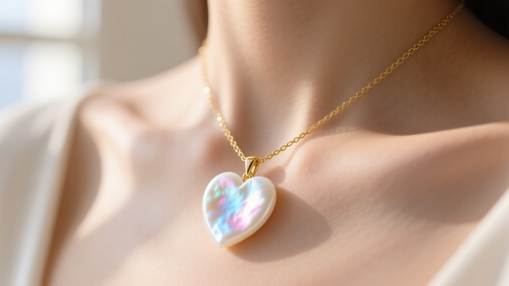 Macro shot of a white mother-of-pearl heart pendant on a gold chain against a collarbone in soft natural sunlight.
