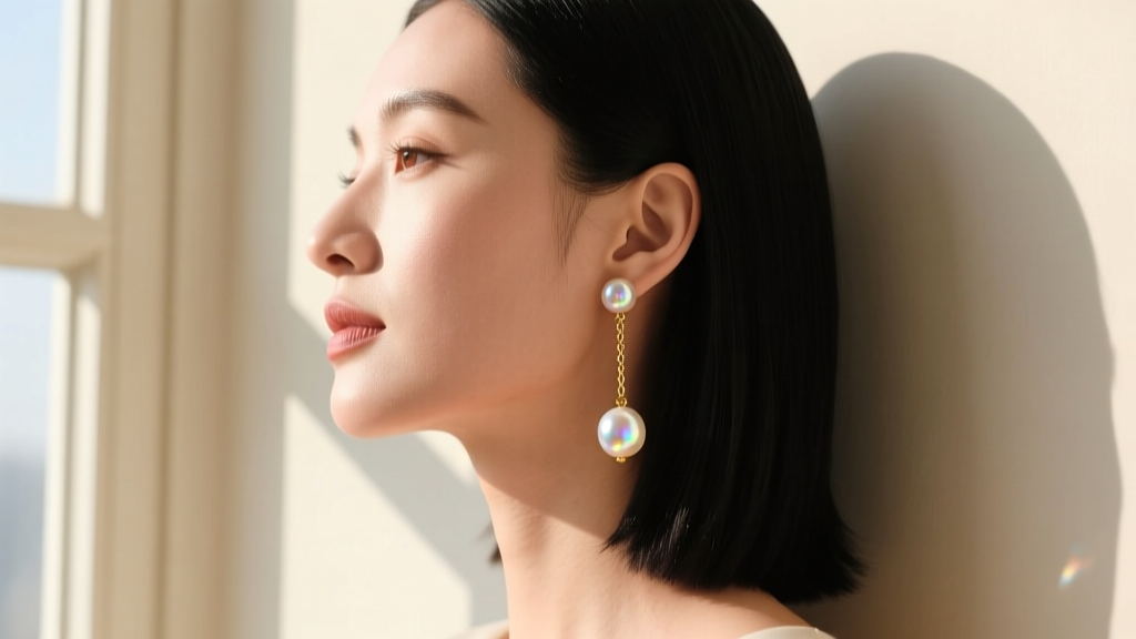 Woman wearing Celine pearl drop earrings in profile, showing the length and how the glass pearls reflect warm, soft natural sunlight