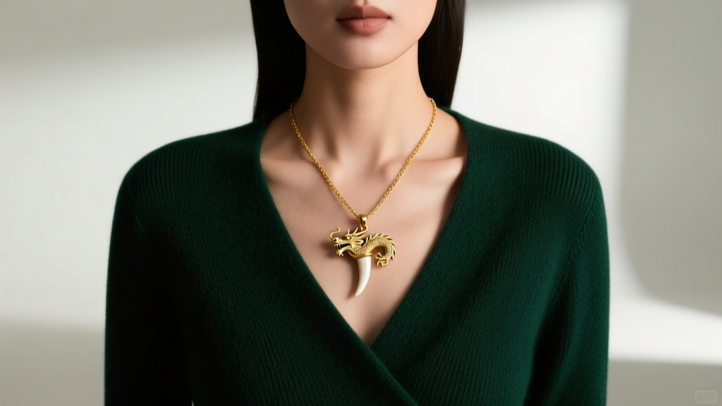 Model wearing a subtle 1.5-inch 14k gold dragon tooth pendant on a fine wheat chain, layered over a dark green V-neck sweater