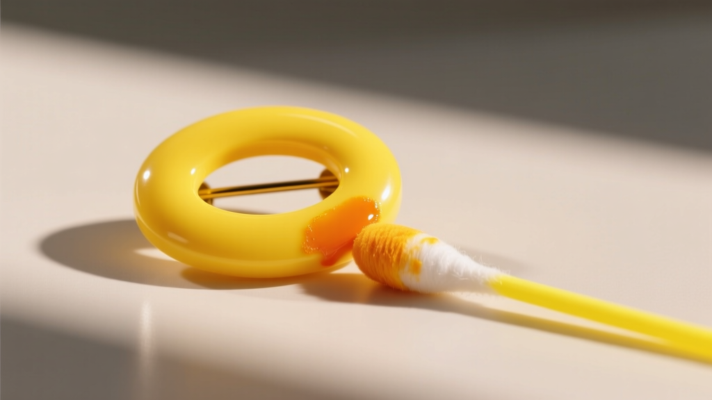 Simichrome polish test on a yellow plastic brooch, with a bright yellow Q-tip showing positive Bakelite identification in daylight.