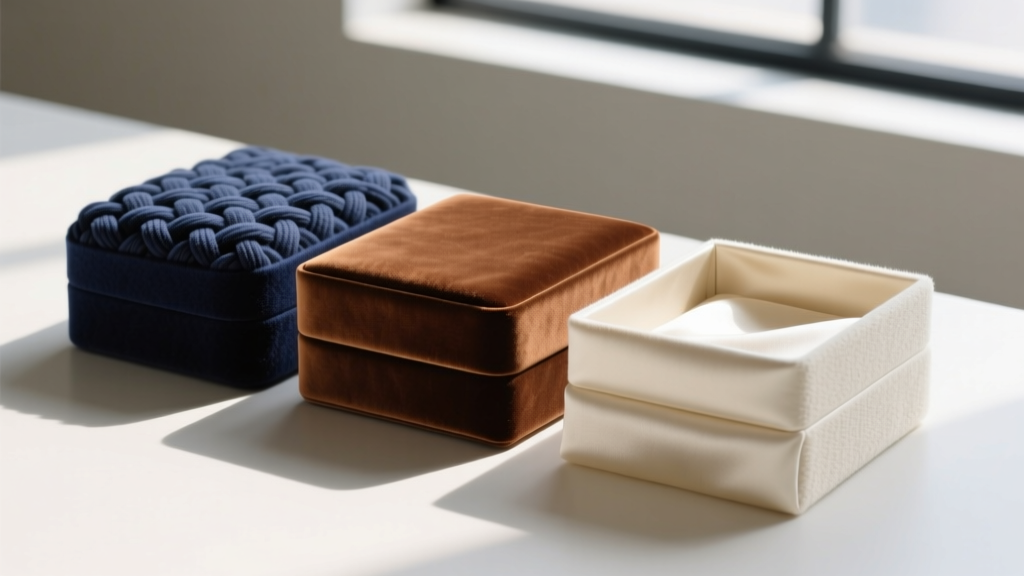 Close-up of three jewelry box linings, contrasting woven cotton flannel with smooth synthetic polyurethane suede.