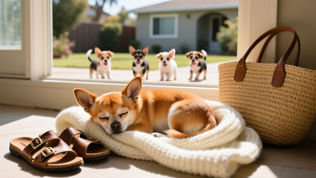 Gnocchi, a small ginger-coated Chihuahua, curled up peacefully on a soft blanket next to a pair of sandals and a tote bag