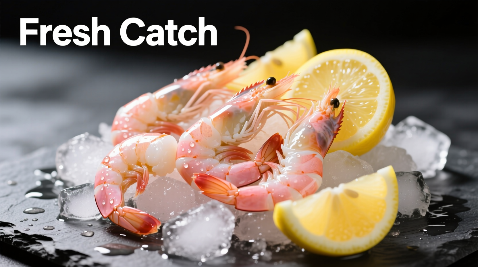 Fresh raw prawns on ice with lemon wedges