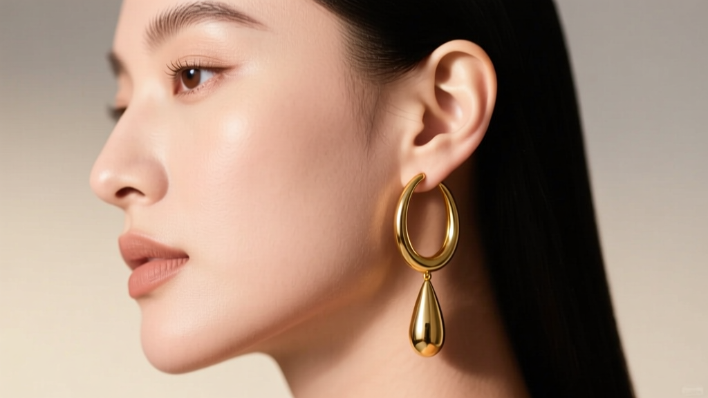 Side profile of a model wearing 20mm gold oval hoop earrings, showing the elongated drop and weight balance on the earlobe