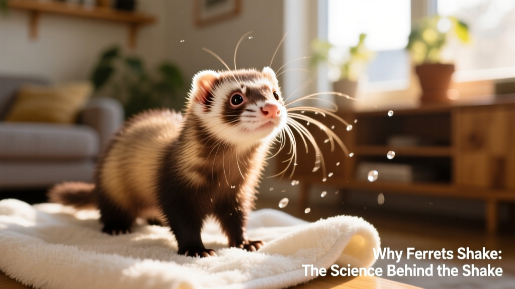 Close-up of a young ferret mid-shake, eyes bright and alert, on a soft towel