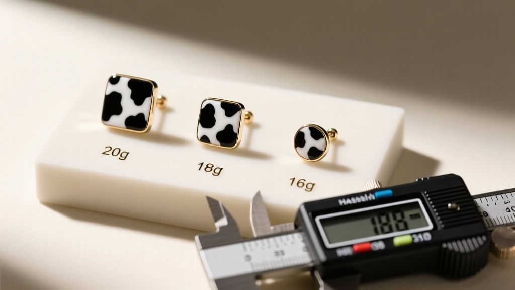 Top view of cow print stud earrings in 20g, 18g, and 16g sizes on a jeweler sizing block with digital calipers visible