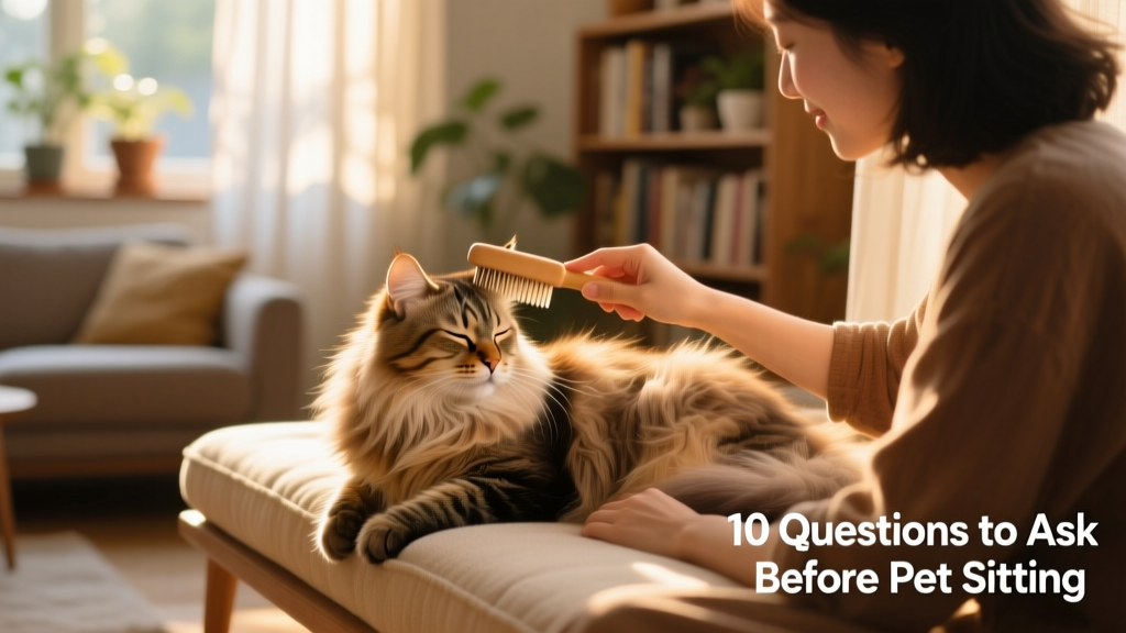 A person gently brushing a long-haired cat on a cushioned window seat with soft afternoon light