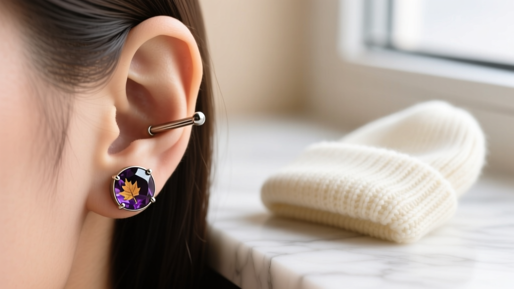 Flat-back titanium labret stud with smoky quartz autumn motif inserted in cartilage piercing with a snug knit beanie nearby.