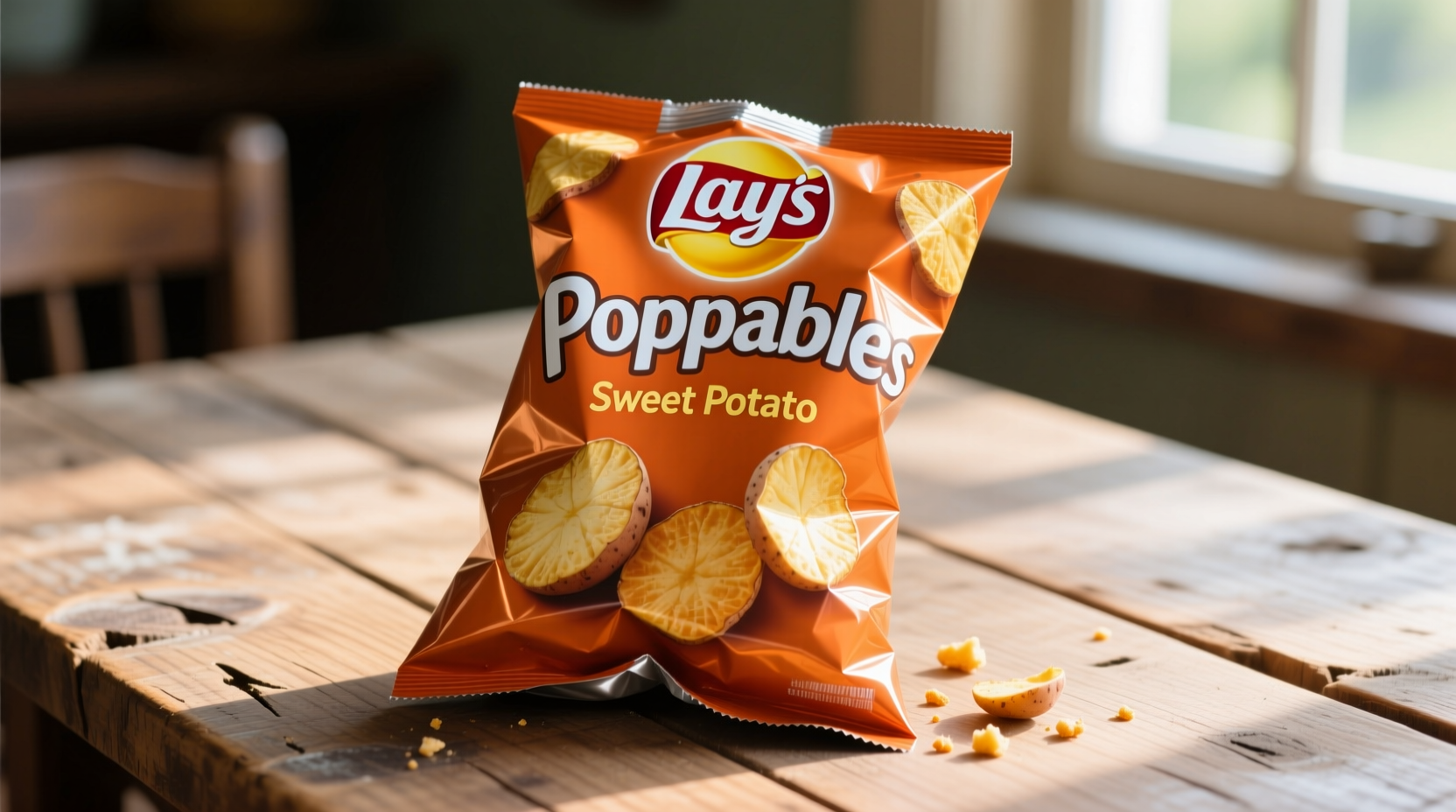 Lay's Poppables Sweet Potato flavor bag on wooden table