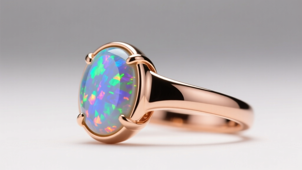 Side profile of a flush-set diamond and opal band in 18k rose gold, showing the smooth metal lip protecting the softer opal