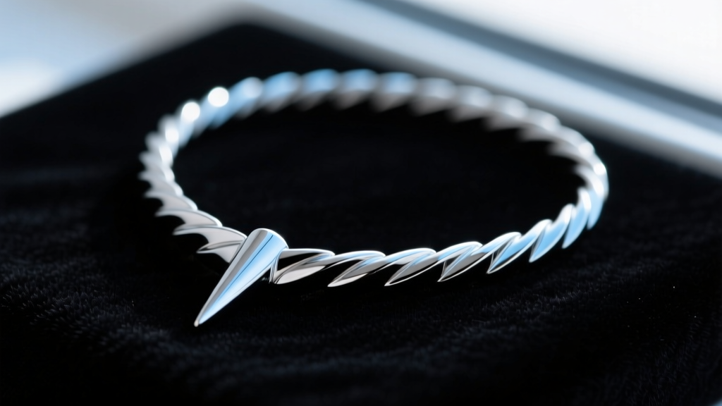 Macro shot of a 316L stainless steel spike necklace on black velvet, highlighting polished metal tips and machined threads.