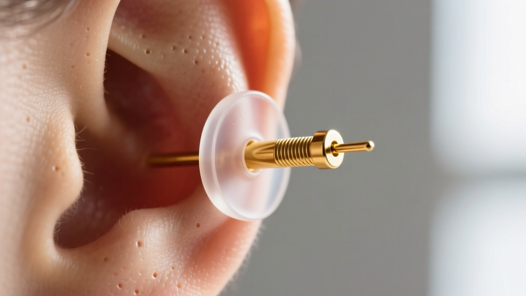 Macro shot of a clear silicone earring support patch on the back of an earlobe, securing a thick 18-gauge gold jewelry post.