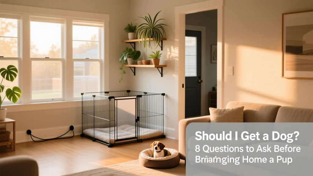 A tidy living room with visible safety measures: cord protectors on baseboards, a metal exercise pen in one corner, baby gates at hallway entrances, and non-toxic plants on high shelves