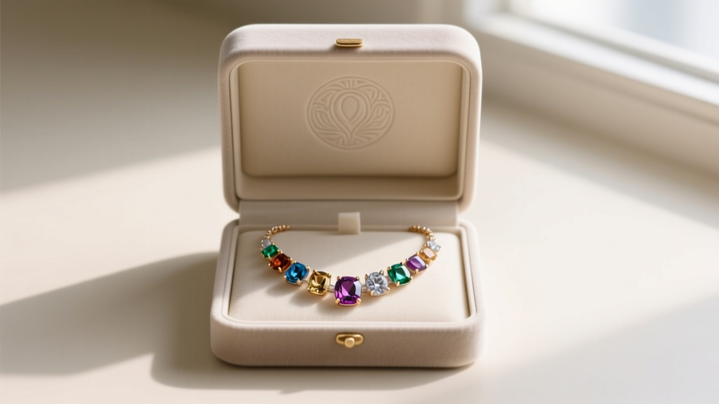A personalized multi-stone birthstone necklace neatly fastened and stored inside an anti-tarnish velvet-lined jewelry box
