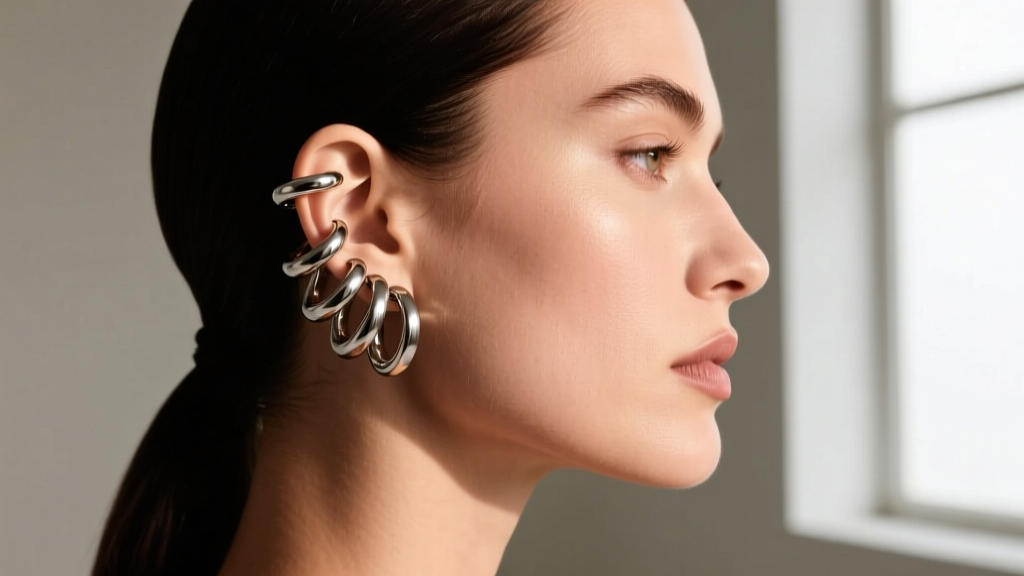 Side profile of a model wearing a five-link interlocking ear cuff, showing flexible rings draping along the upper ear cartilage.