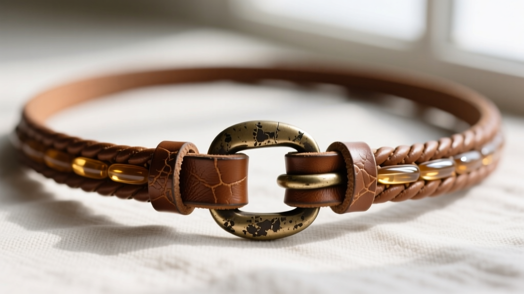 Macro shot of a Carol Christian Poell leather cord necklace featuring a heavy, distressed metal clasp and subtle resin detailing.