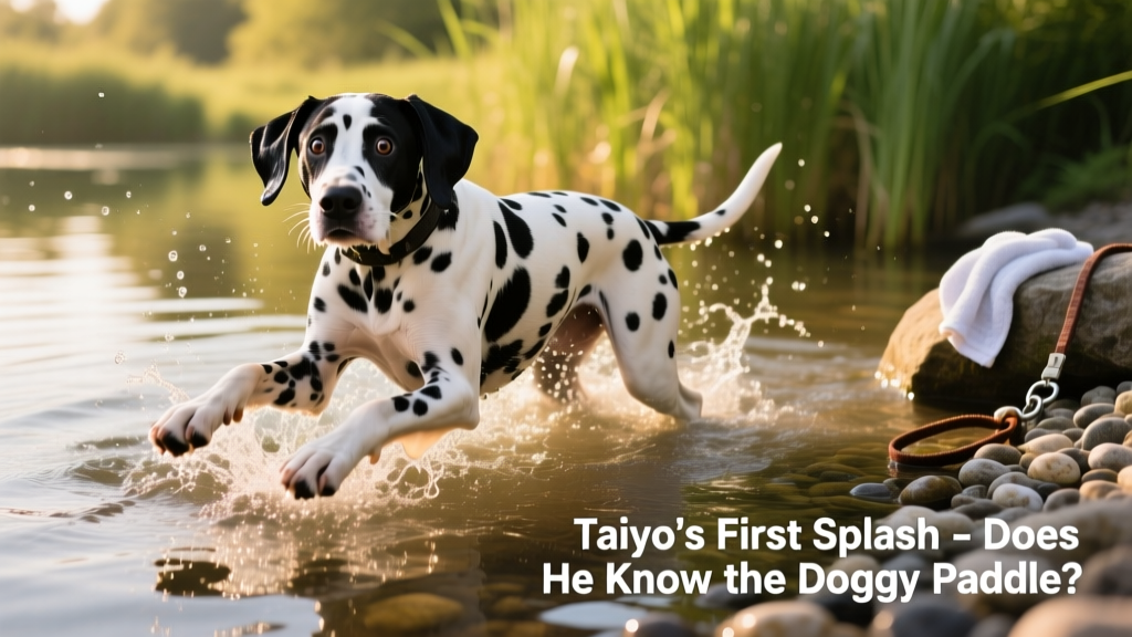 Taiyo mid-water with paws splayed awkwardly, water splashing around him