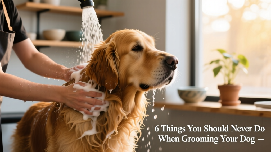 Hand rinsing suds from a dog’s thick coat under gentle water spray