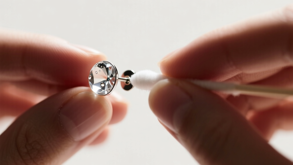 Hands cleaning a clear glass stud earring with a saline-soaked cotton swab, focusing closely on the post and flat disc backing.