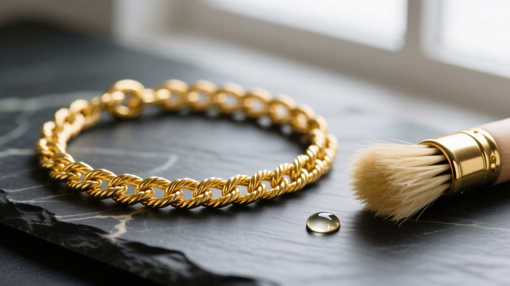 Close-up of a tangled 14k yellow gold rope chain resting on dark slate, with a soft-bristle brush and mild soapy water nearby