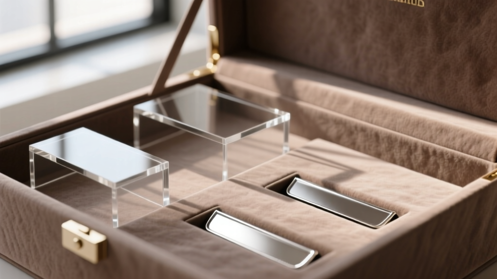 Close-up of a contemporary box interior with taupe Alcantara lining, modular acrylic dividers, and anti-tarnish pockets.