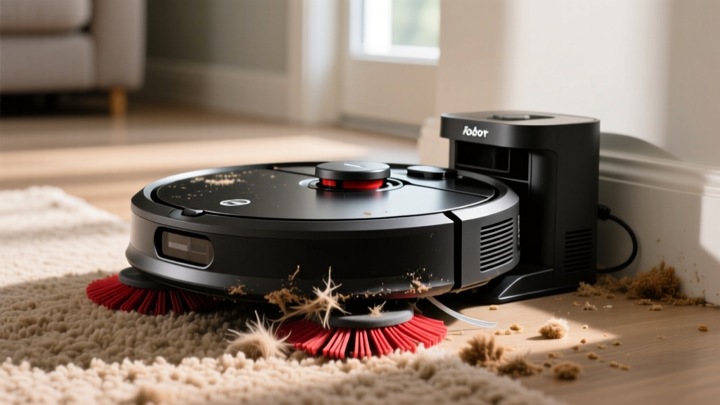 iRobot Roomba j9+ dual rubber extractor brushes clogged with carpet fringe and pet hair next to a worn charging base station